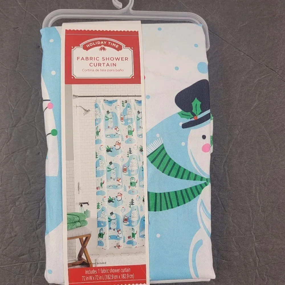 Snowman Blue Printed Christmas Fabric Shower Curtain - Size 72”x72”